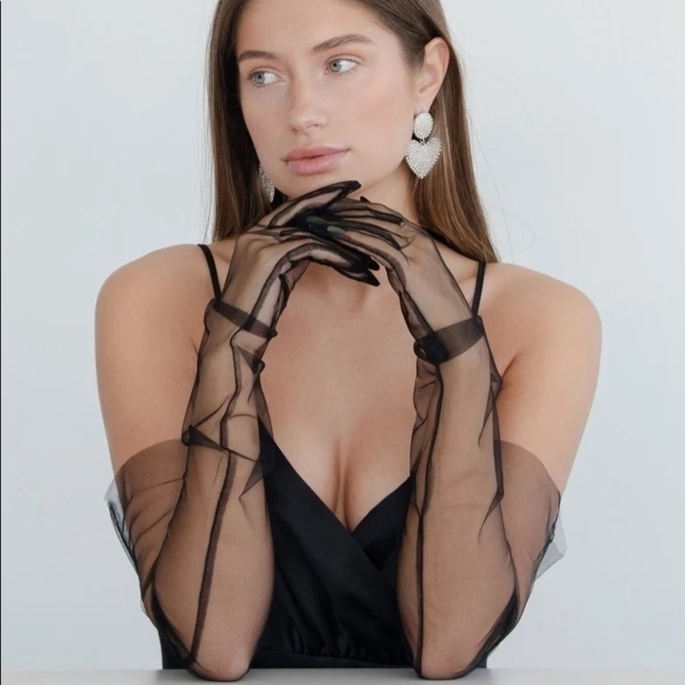 2PAIRS Mesh Kink Long Tulle Crumbling Taffeta Black High Gloves Transparent